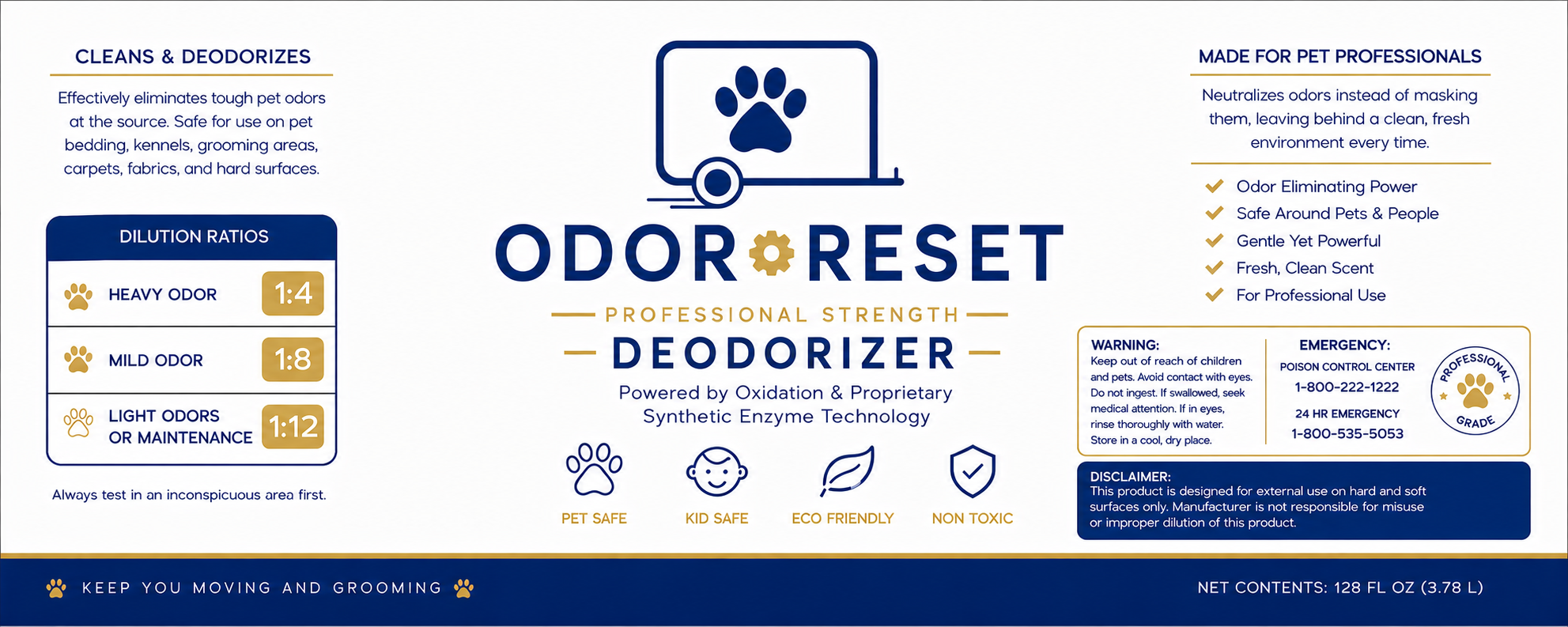 Odor Reset gallon label with dilution ratios and safety info