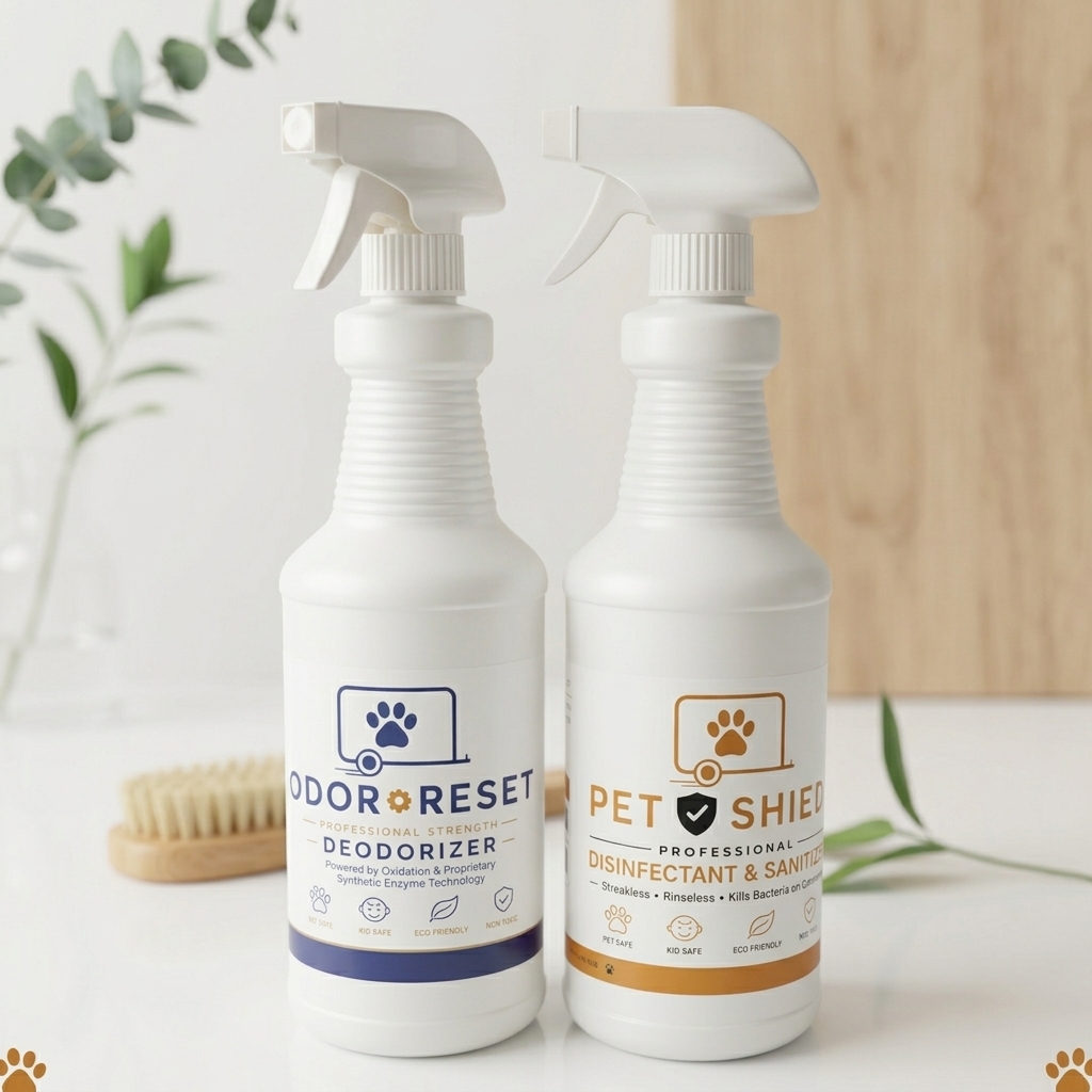 Odor Reset and Pet Shield 32 oz spray bottles side by side