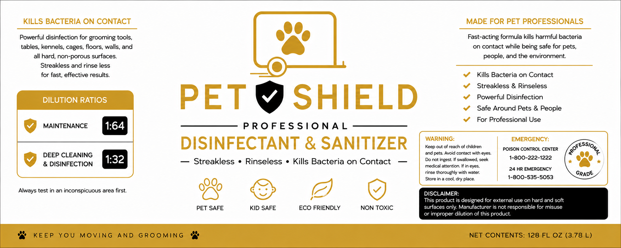 Pet Shield gallon label with dilution ratios and safety info