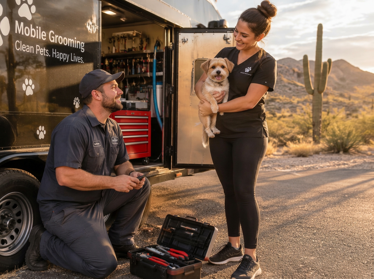 Technician helping a groomer with her mobile grooming trailer on the roadside